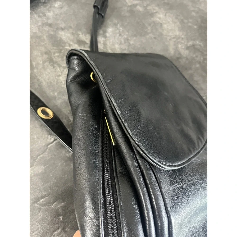 Tignanello Leather Sling Backpack Small Black Gold Hardware Travel Butter Soft